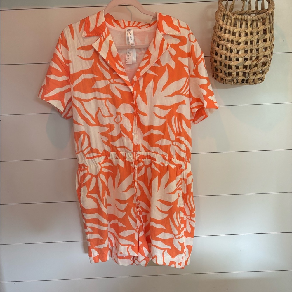Fabletics Orange and White Tropical Button Romper